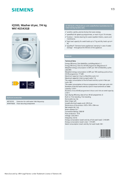 iQ500, Washer dryer, 7/4 kg WK14D543GB