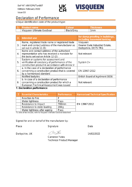 Tanking UKCA Visqueen Ultimate GeoSeal Declaration of Performance