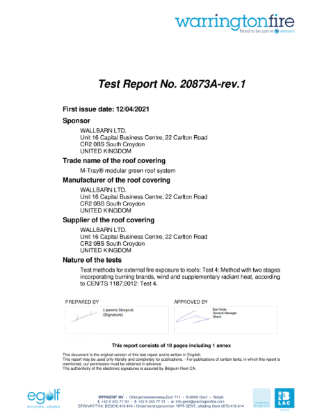 M-Tray® Modular Green Roof System - t(4) External Fire Exposure to Roofs