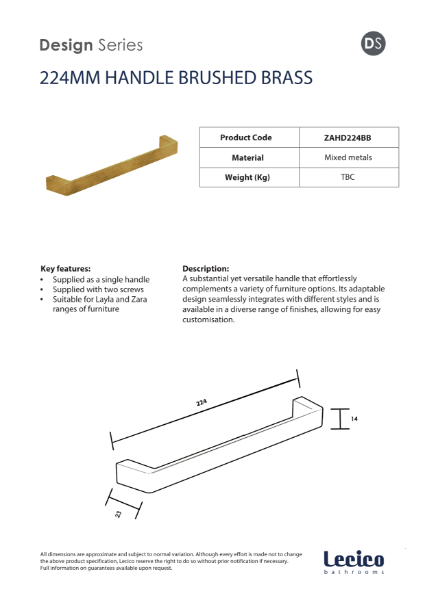 Zara Handle 224 mm - Brushed Brass