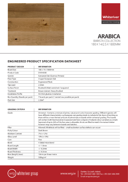 180 x 14 x 1800mm Barista Arabica Plank Spec Sheet