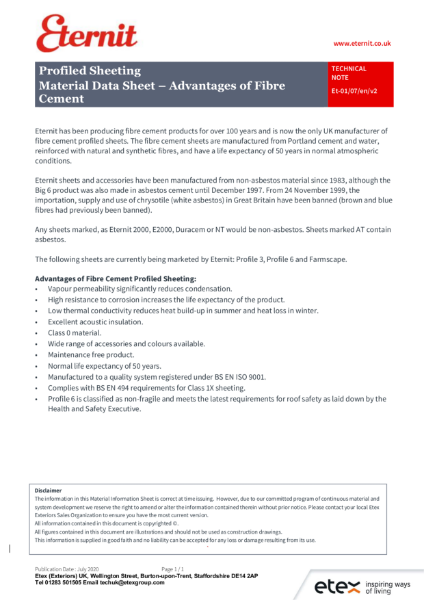 Eternit - Material Data Sheet - Advantages of Fibre Cement (Asbestos)