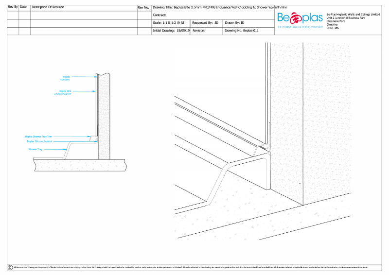 Beplas Elite Komadur 2.5mm/ Endurance/ FRP to shower tray with trim detail drawing