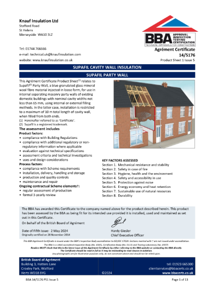 Knauf Insulation Supafil® Party Wall - BBA Certificate 14/5176