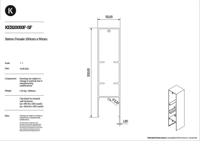 KEB20050F-SF 200 x 50 mm profile (F) batten