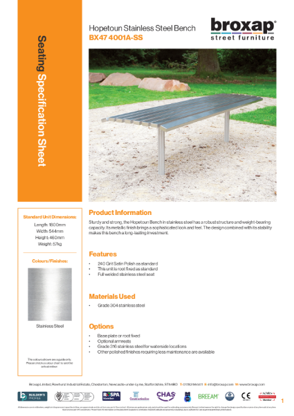 Hopetoun Stainless Steel Bench Specification Sheet