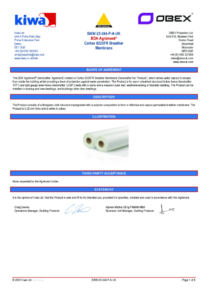 Cortex 0220FR BLACK KIWA BDA Agrement Certificate