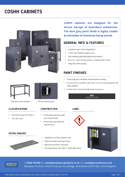 Hazardous Storage Cupboards (COSHH) Grey Data Sheet - Workplace Products