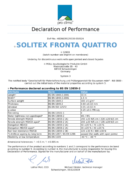 Solitex Fronta Quattro Declaration of Performance (DOP)