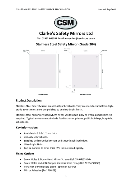 CSM Stainless Steel Safety Mirror Specification Rev05