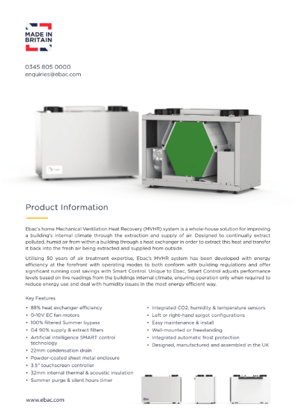 Ebac Mechanical Ventilation Heat Recovery System Datasheeet