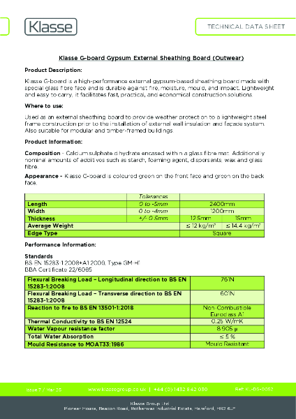 Klasse G-board Gypsum External Sheathing Board (Outwear) TDS