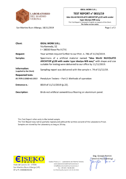 Test Report Slip Resistance: NUVOLATO Architop® g120 with Sealer Type Idealpu-WB Easy