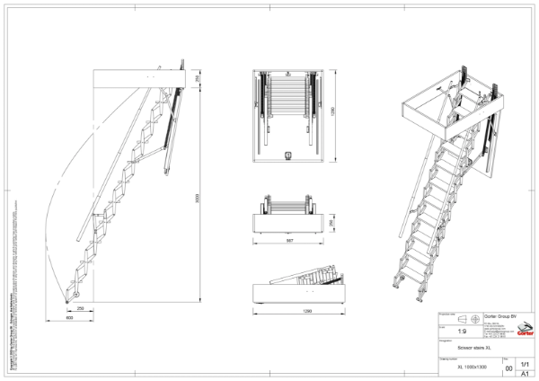 Gorter Scissor stairs - XL 1000 x 1300 mm – Ceiling height up to 3000 mm - Technical 2D Drawing