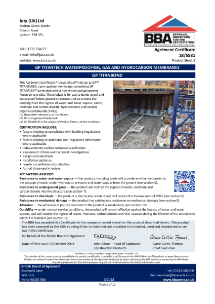 BBA Certificate 
JUTA GP Titanbond
18/5581 - Product Sheet 3