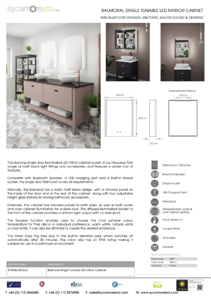 Specification Sheet for Balmoral Illuminated Cabinet