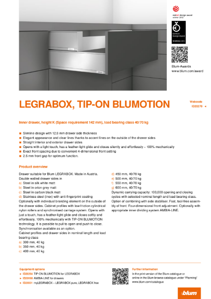LEGRABOX TIP-ON BLUMOTION K Height Inner Drawer Specification Text