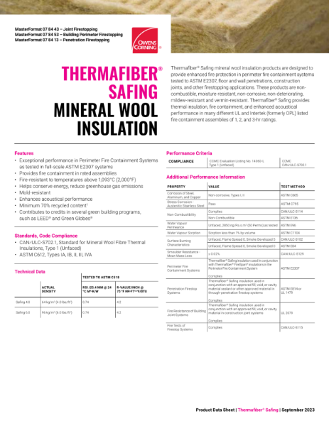 Thermafiber Safing Mineral Wool Insulation Data Sheet