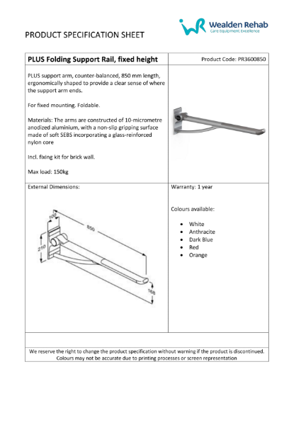 PLUS Folding Support Rail, Fixed Height - Product Specification Sheet
