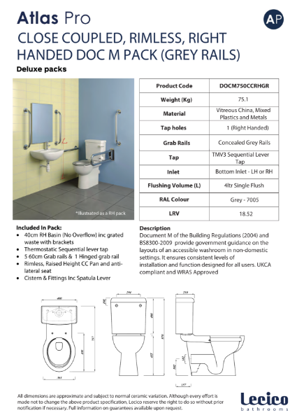 Atlas Pro Rimless DeLuxe Close Coupled DocM Pack Right Hand 40cm Basin Grey Rails Data Sheet