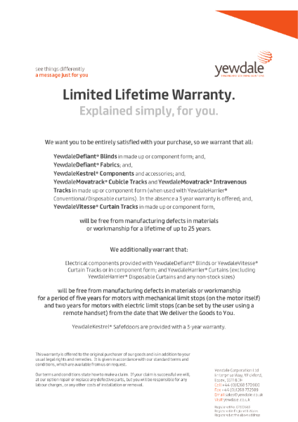 Yewdale lifetime warranty for blinds, fabrics, curtain tracks and cubicle tracks