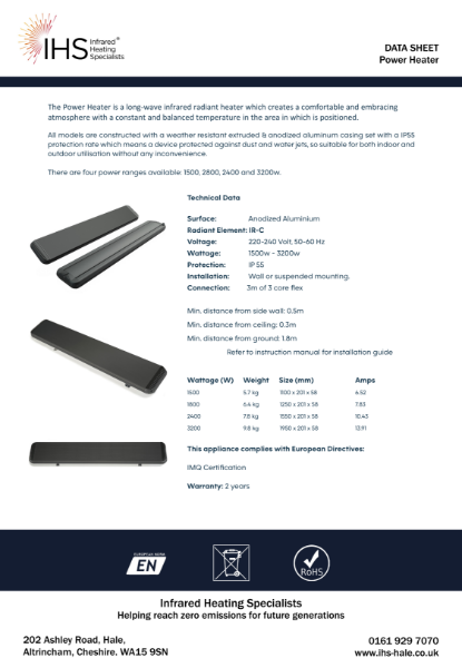 Infrared Power Heater data sheet