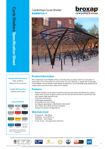Cambridge Cycle Shelter Specification Sheet