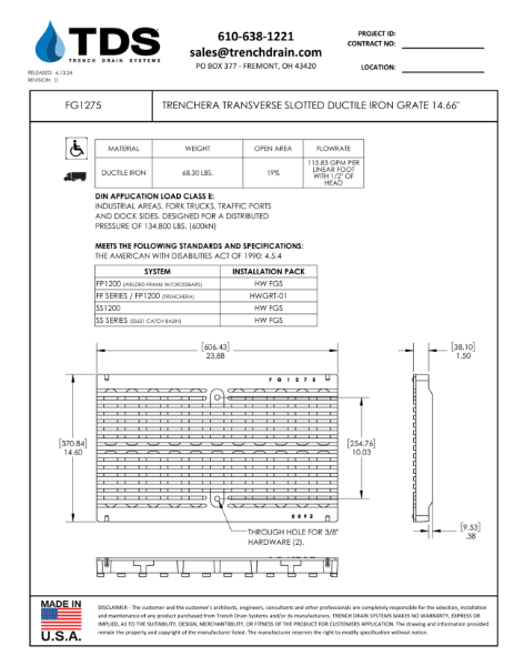 TrenchEra Transverse Slotted Ductile Iron Grate 14.66" - FG1275