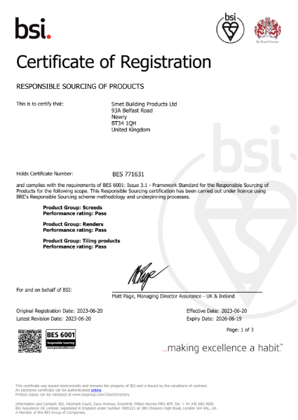 BES 6001 Certificate | Smet Building Products Ltd