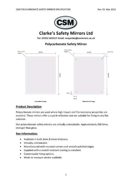 CSM Polycarbonate Safety Mirror Specification Rev05