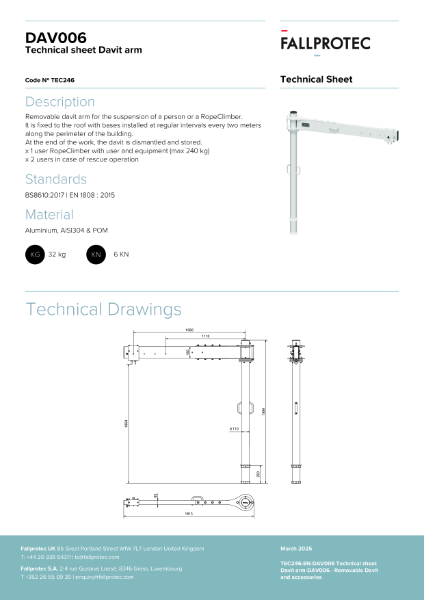 SkyDavit Removable Davit Arm for Suspended Access or RopeClimber (DAV006)