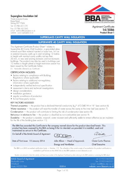 SUPERWHITE 40 CAVITY WALL INSULATION CERTIFICATE 14/5086