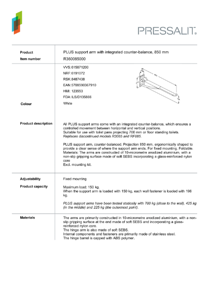 PLUS support arm with integrated counter-balance, 850 mm Datasheet