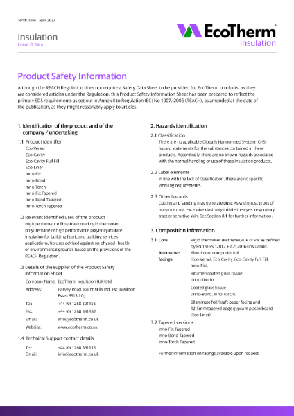 Eco-Cavity Insulation Safety Data Sheet - 04/23