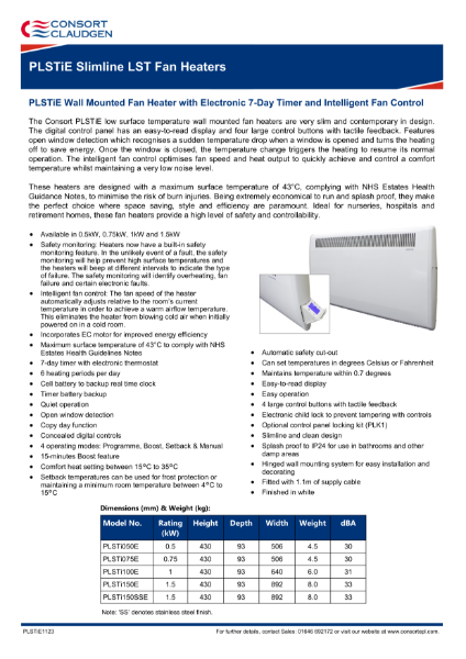 PLSTiE panel fan heater data sheet