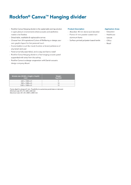 Rockfon® Canva™ Hanging divider datasheet