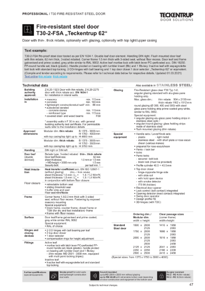 Fire Protection Door T30-2-FSA "Teckentrup 62" (Technical Data)