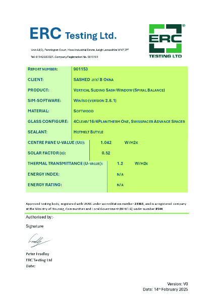 U-Values Test Result - Sliding Sash SPIRAL BALANCE