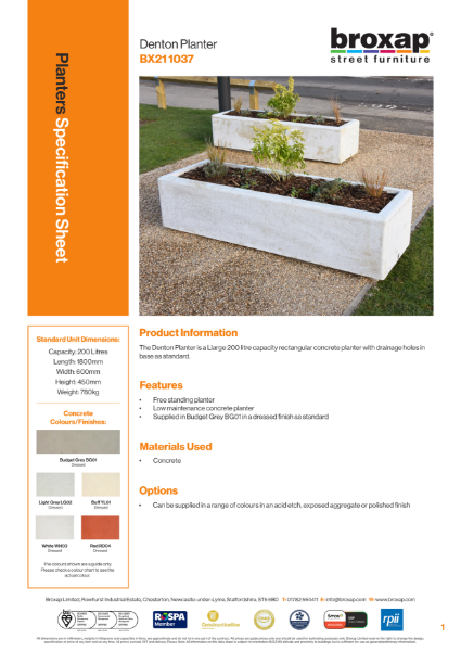 Denton Cast Concrete Planter Specification Sheet
