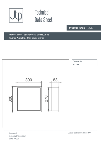 VOS Shower Niche 300 mm – Product Data Sheet