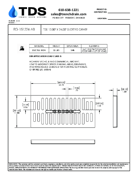 TDS 12.00" x 24.00" Slotted Ductile Iron Grate Class D - RG-151224-AB