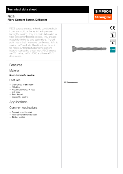 FBCB: Fibre Cement Screw Technical Data Sheet