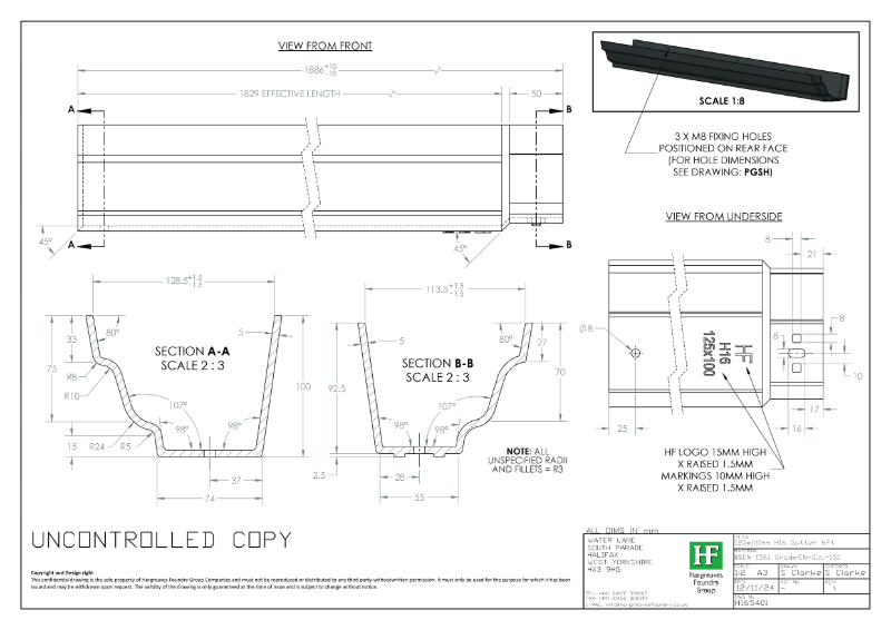 125x100mm H16 Gutter Drawing