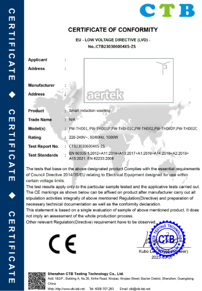 Aertek T3 - Low voltage directive - Certificate of Conformity