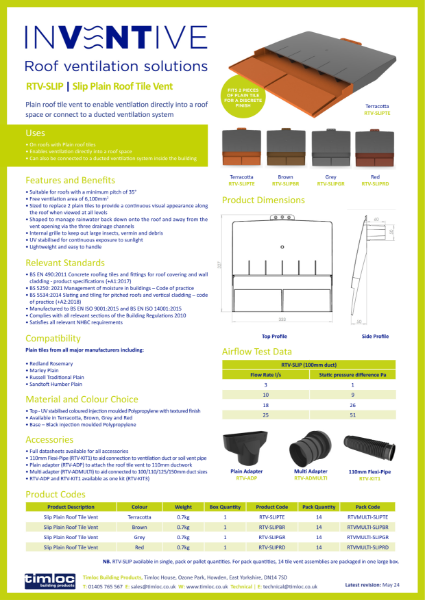 Timloc Building Products RTV-SLIP Slip Plain Roof Tile Vent Datasheet