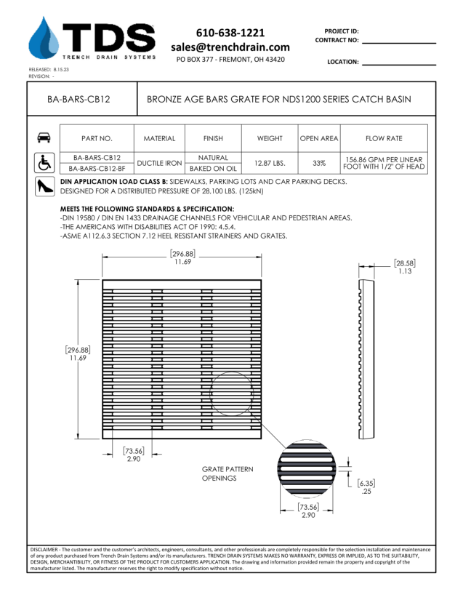 Bronze Age Bars Grate For NDS1200 Series Catch Basin