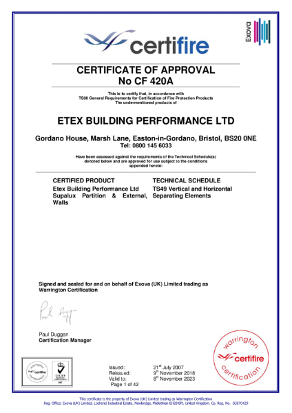 Certificate CF 420A - Supalux partitions & external walls