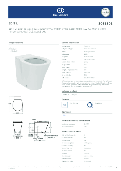 Datasheet - S081801 Edit L Back to Wall WC Pan