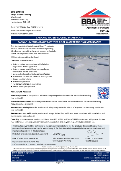 BBA Sarnafil Mechanically Fastened Membranes