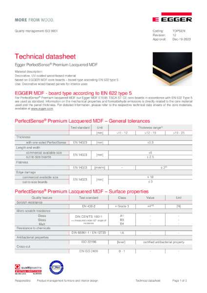 Technical Datasheet - PerfectSense® Premium Lacquered MDF